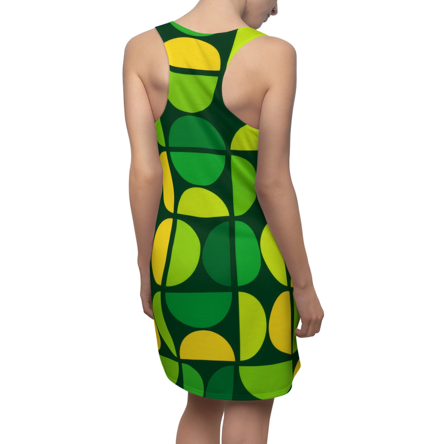 Geometric Green Racerback Dress — Retro Circle Print AOP