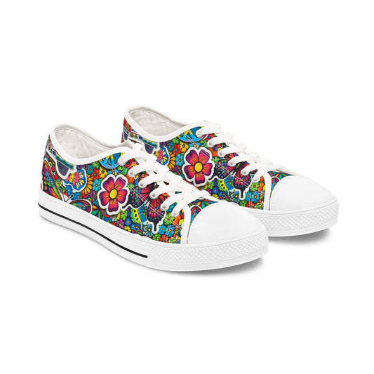 Women’s Low Top Sneakers — Colorful Retro Floral & Peace Vans Pattern