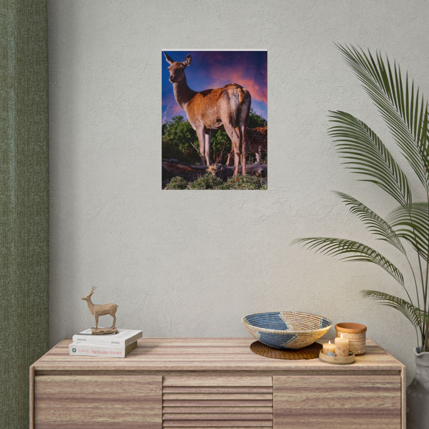 Majestic Deer Sunset Poster, Wild Doe and Fawn Nature Art, Purple Sky Wildlife Photography, Aesthetic Forest Wall Decor