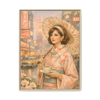 Elegant vintage woman in kimono holding parasol in Tokyo — Framed Matte Canvas Wall Art