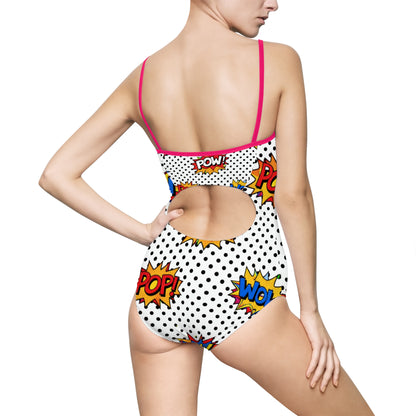 Comic Pop Art One‑Piece Swimsuit — "WOW! POW! POP!" Retro Dotted Print