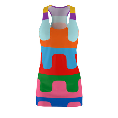 Colorful Retro Block Pattern Racerback Dress — Bold Geometric AOP Summer Dress