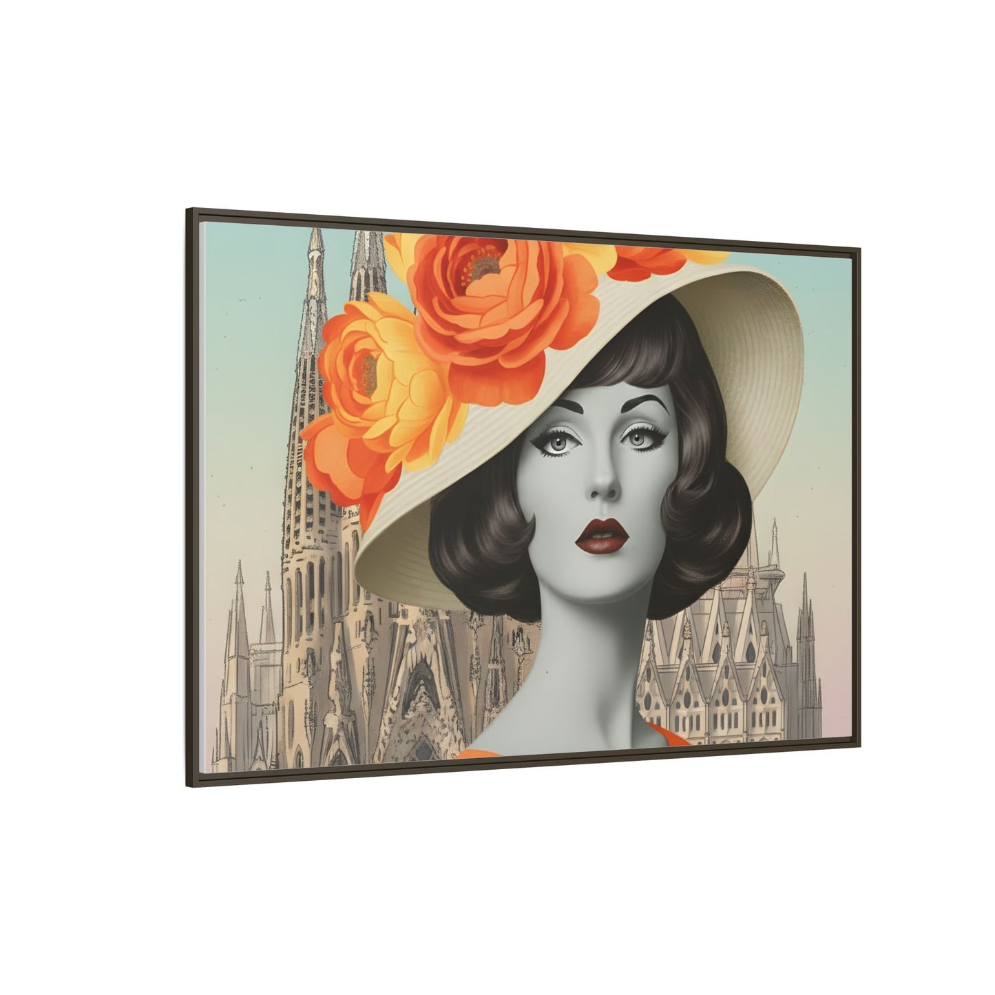 Elegant Vintage Woman with Coffee in front of Sagrada Familia in Barcelona — Retro Pop Art Framed Matte Canvas