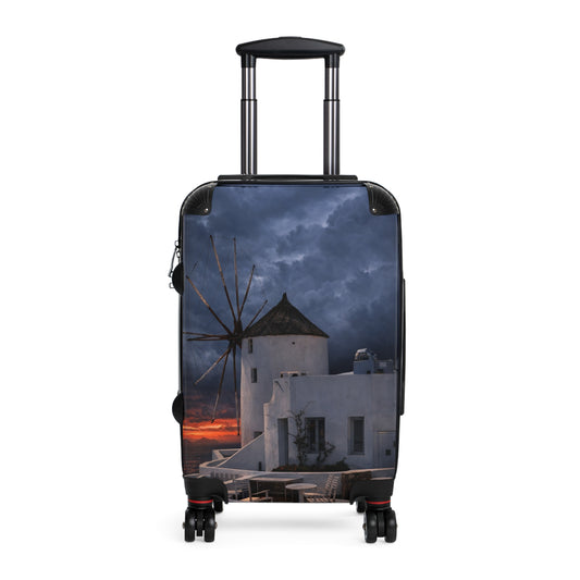 Oia Santorini Windmill Sunset Suitcase — Moody Greek Island Hard Shell Travel Luggage