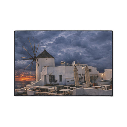Oia Santorini Windmill Floor Mat — Mediterranean Coastal Sunset Home Decor