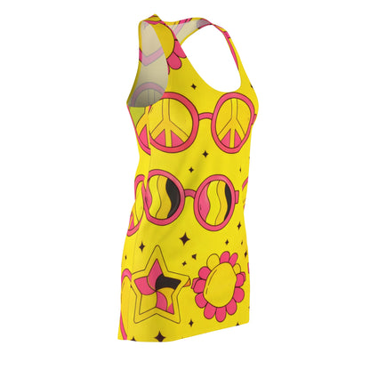 Yellow Retro Peace & Heart Racerback Dress - 70s Flower Power Print