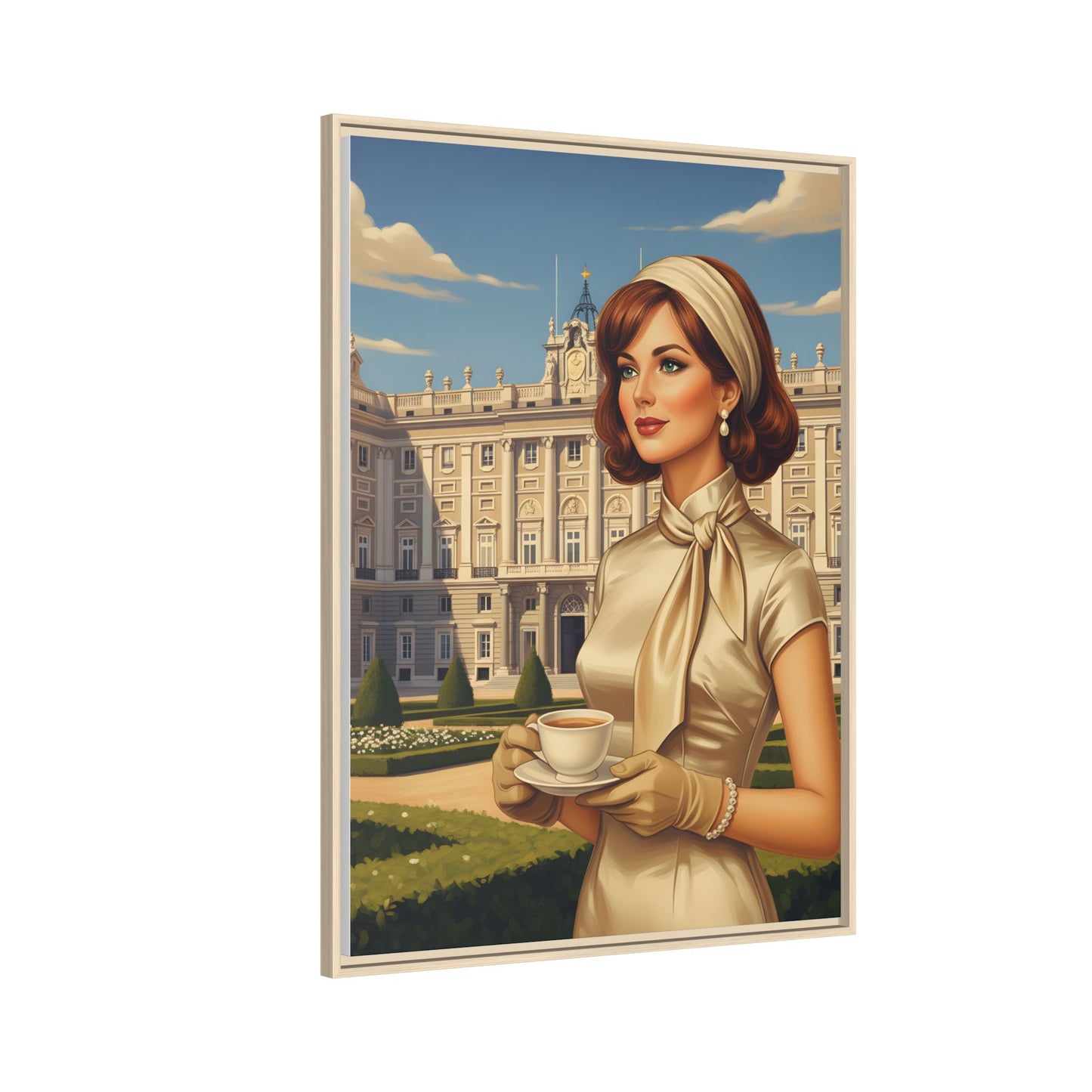 Elegant vintage woman drinking coffee in front of Royal Palace in Madrid Canvas Framed Wall Art