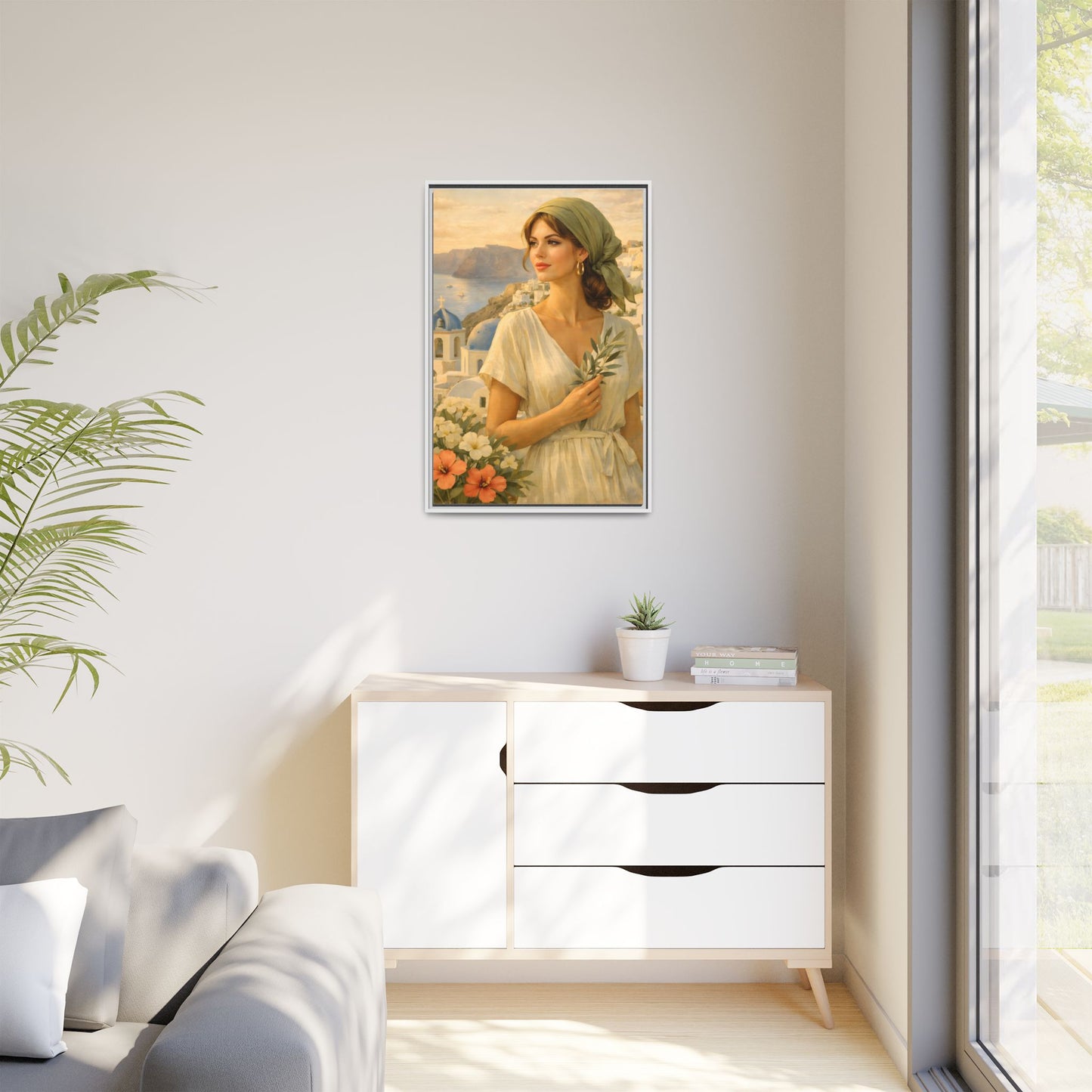 Oia Santorini Greek Woman Portrait — Romantic Vintage Framed Matte Canvas Art