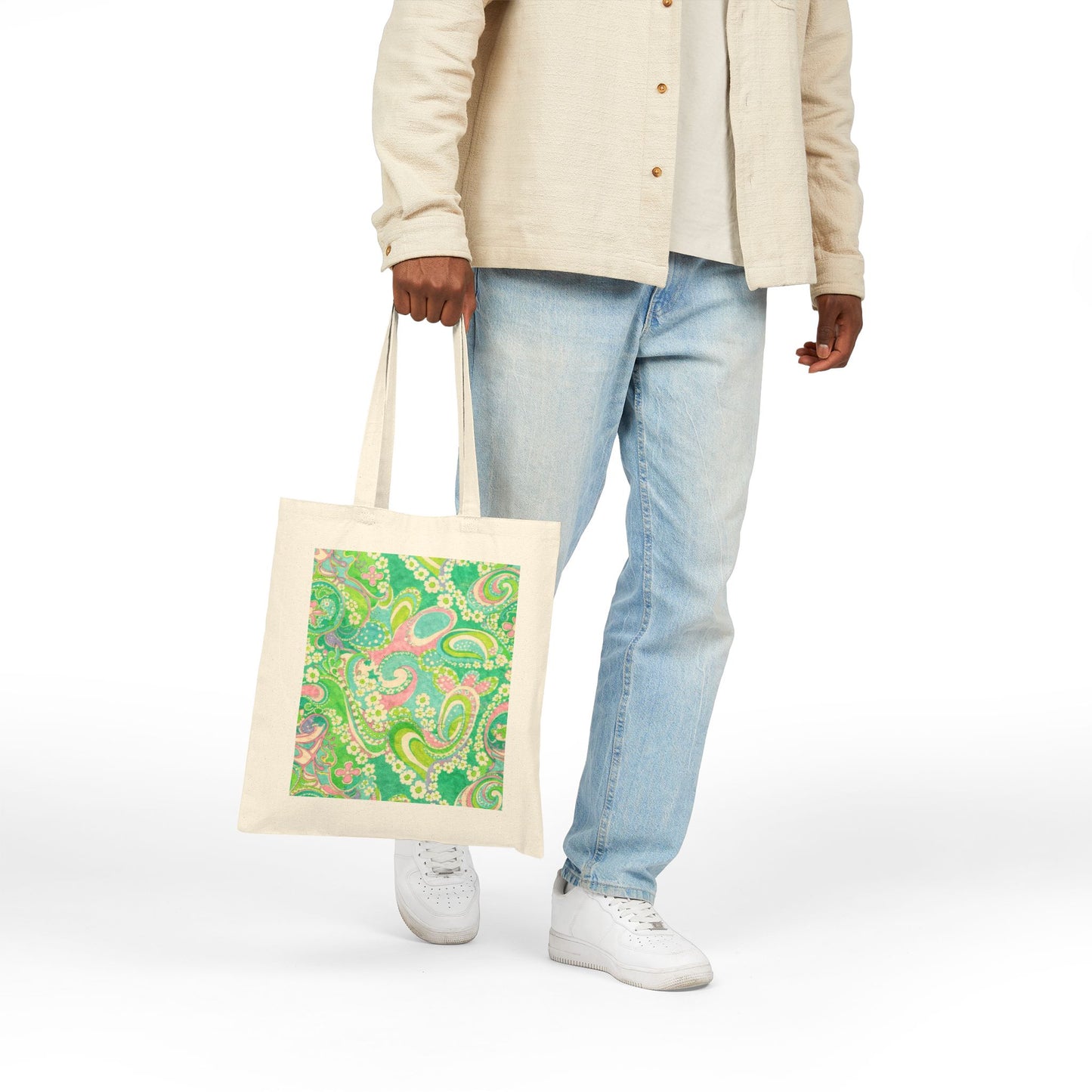 Green Paisley Canvas Tote Bag — Retro Floral Eco Shopping Tote