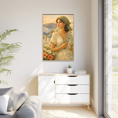 Oia Santorini Greek Woman Portrait — Romantic Vintage Framed Matte Canvas Art