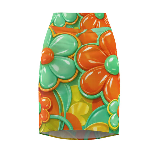 Retro Floral Pencil Skirt — 60s Orange & Teal All-Over Print