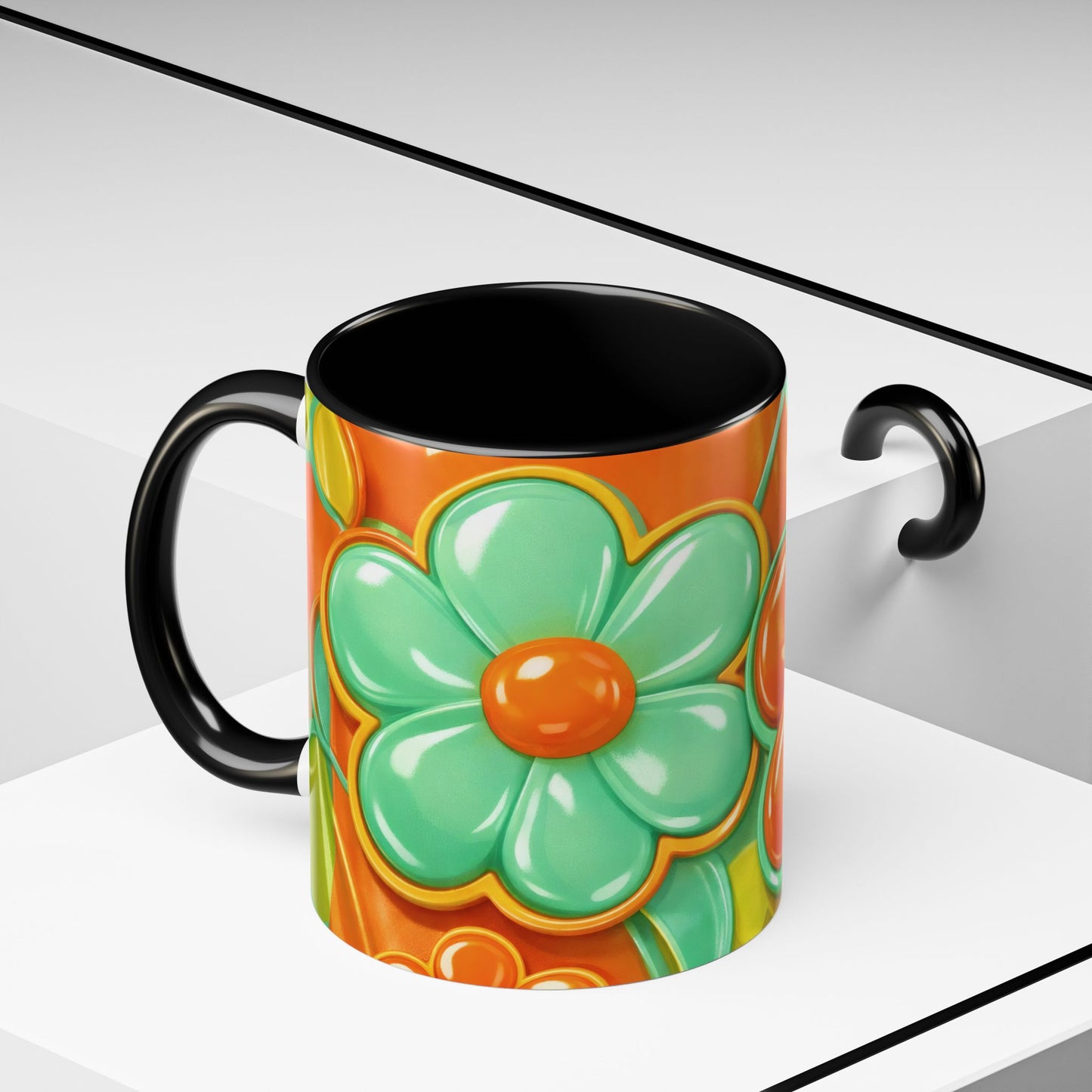Retro Orange & Teal Flower Pattern Mug | Accent Coffee Mug
