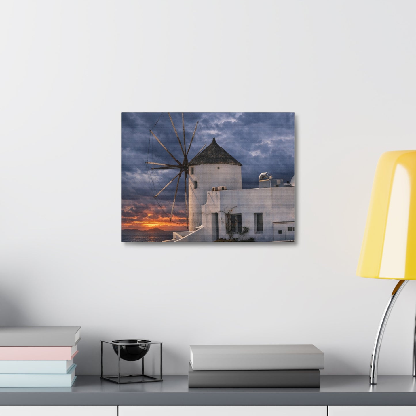 Santorini Windmill Coastal Sunset Stretched Canvas | Greek Island Seascape
