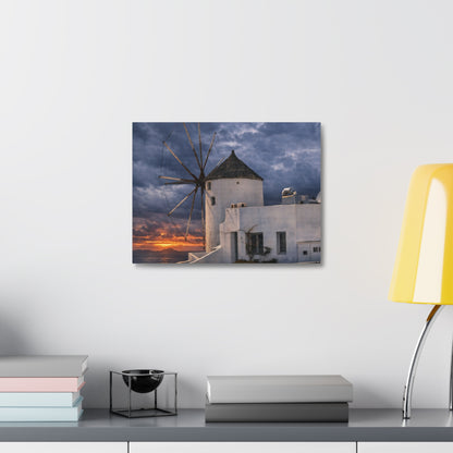 Santorini Windmill Coastal Sunset Stretched Canvas | Greek Island Seascape