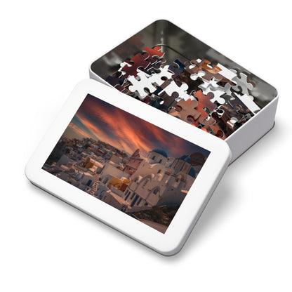 Santorini Sunset Jigsaw Puzzle, Oia Greece Blue Dome Game, Dreamy Mediterranean Sky Art, Greek Island Travel Gift, Aesthetic Scenic Puzzle