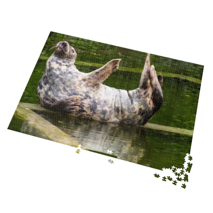 Funny Seal Yoga Jigsaw Puzzle in Tin Box, Relaxed Harbor Seal Game, Cute Marine Life Gift, Quirky Wildlife Puzzle