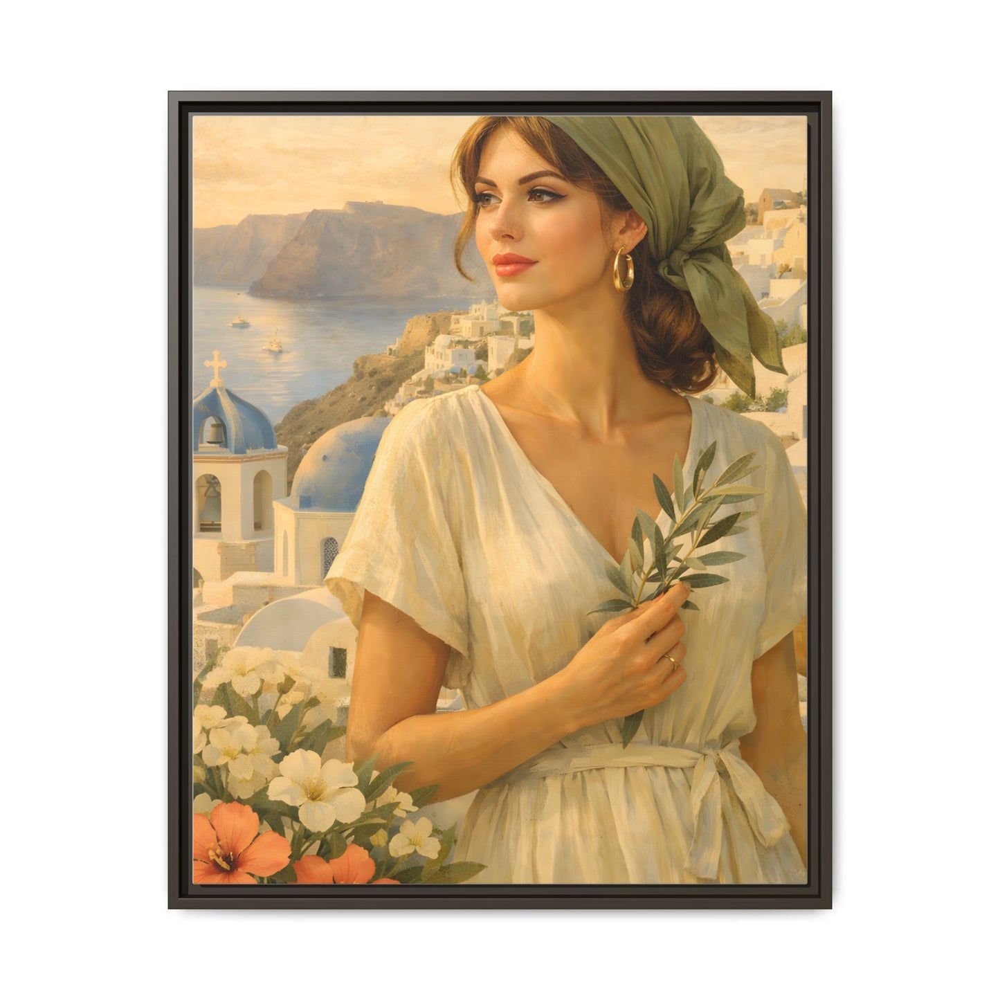 Oia Santorini Greek Woman Portrait — Romantic Vintage Framed Matte Canvas Art
