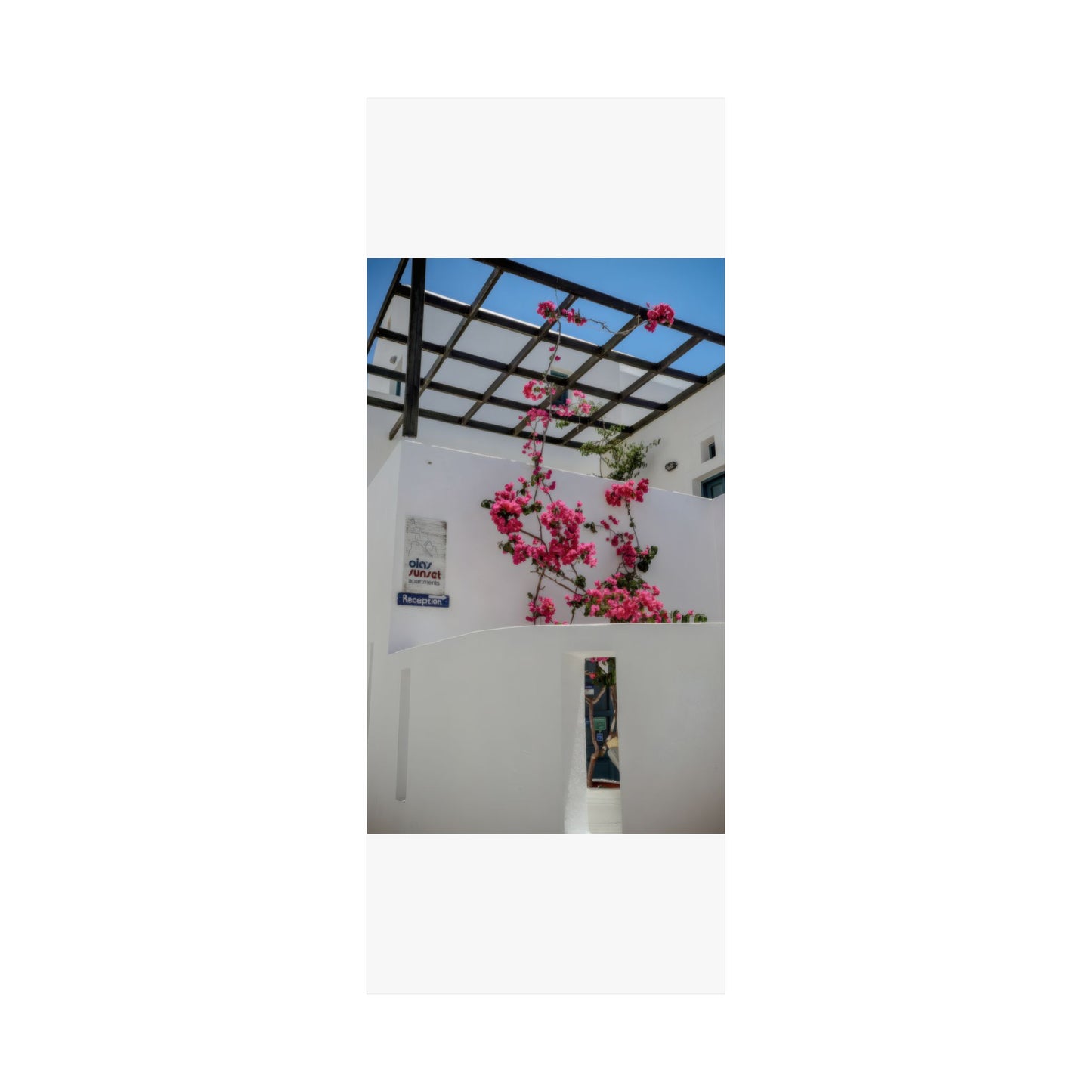 Santorini Bougainvillea Poster, Oia Greece White Architecture Art, Mediterranean Floral Wall Decor, Greek Island Photography Print Art Decor