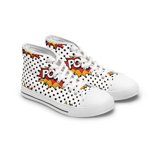 White high-top sneakers with black polka dot pattern and colorful 'PO' design on a white background