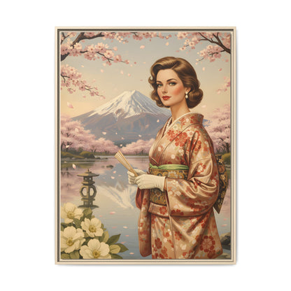 Framed Matte Canvas Art — Vintage Geisha in Kimono with Mount Fuji