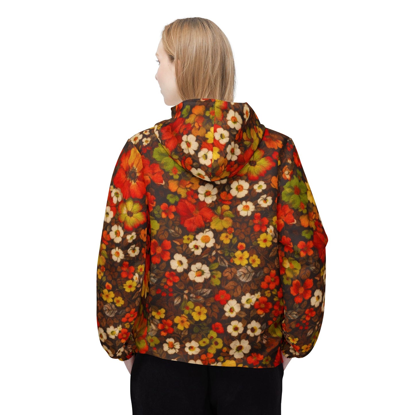 Floral Fall Windbreaker Jacket — Retro Orange & Brown All-Over Print