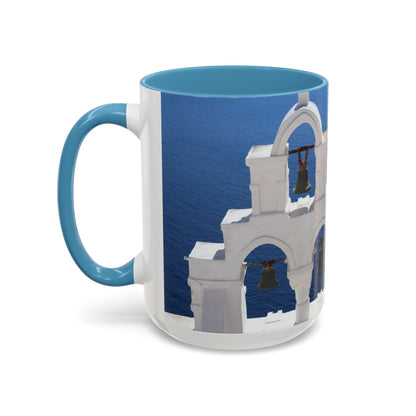 Santorini Bell Towers coffee mug | Greek island scene, blue sea accent mug