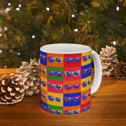 Retro Pop Art Sunglasses Mug — Colorful Patterned Ceramic Coffee Cup (11oz/15oz)