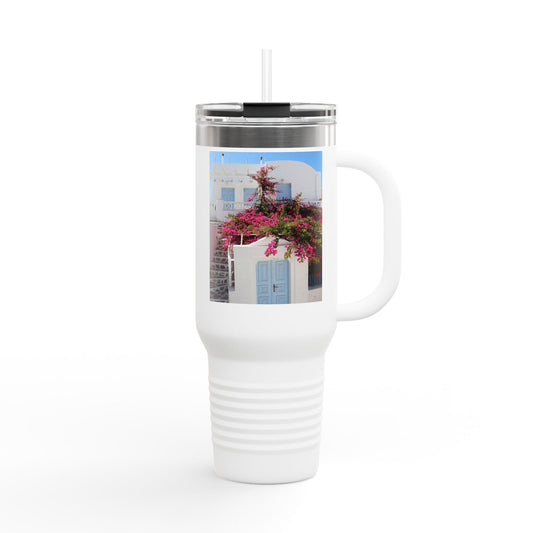 Santorini Blue Door Photo Travel Mug | 40oz Insulated Tumbler
