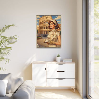 Elegant vintage woman drinking coffee in front of Colosseum in Rome Canvas Print