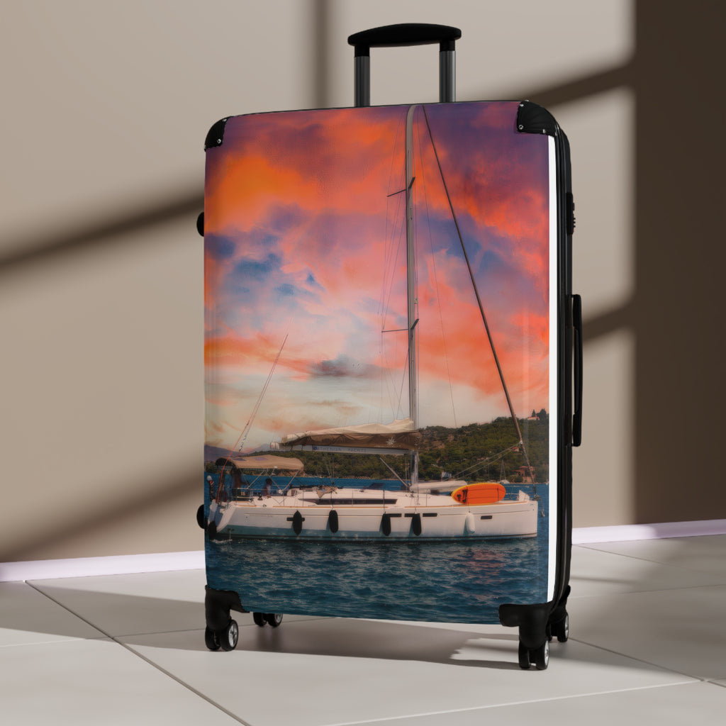 Luxury Yacht Sunset Suitcase, Mediterranean Sailing Travel Luggage, Vibrant Orange Sky Vacation Bag, Nautical Artist Design Cabin Suitcase