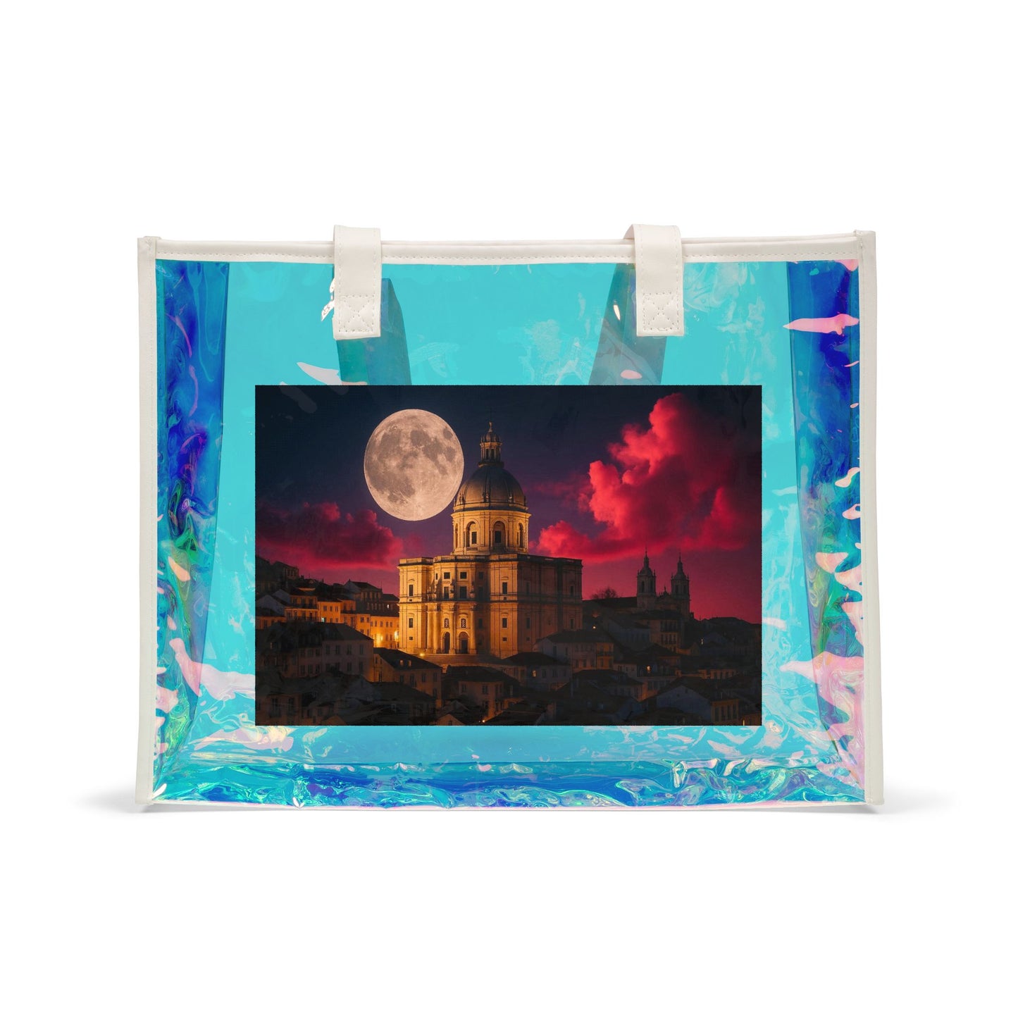 Holographic Beach Tote Bag — Moonlit Cityscape Print