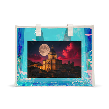 Holographic Beach Tote Bag — Moonlit Cityscape Print