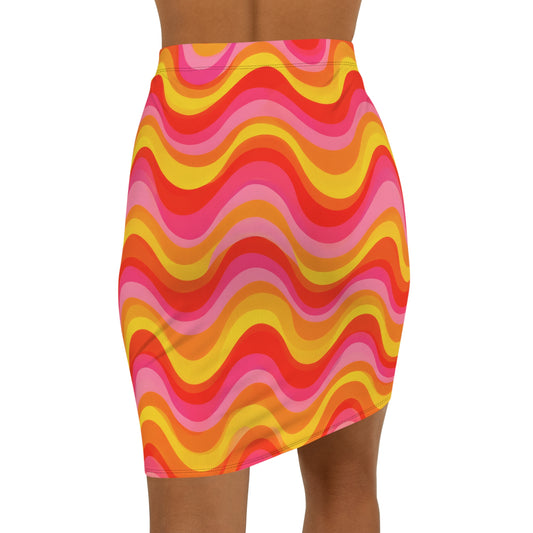 Retro Wavy Stripe Pencil Skirt — Bright 70s Inspired Mid‑Waist Print