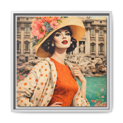 Elegant glamorous vintage woman in Rome front of Trevi Fountain, retro Italian travel fashion illustration,Framed Matte Canvas Art
