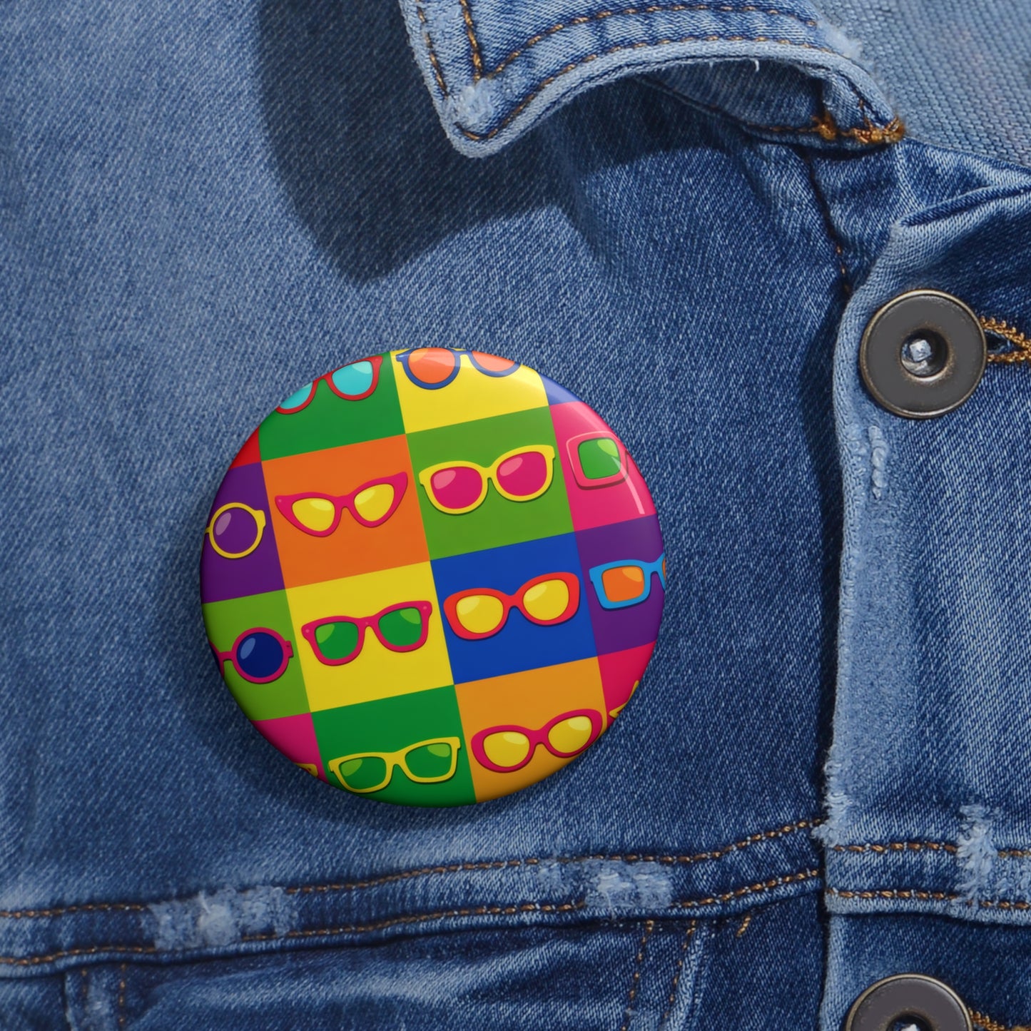 Colorful Pop Art Sunglasses Pin Button — Retro Rainbow Badge for Jackets, Bags & Gifts