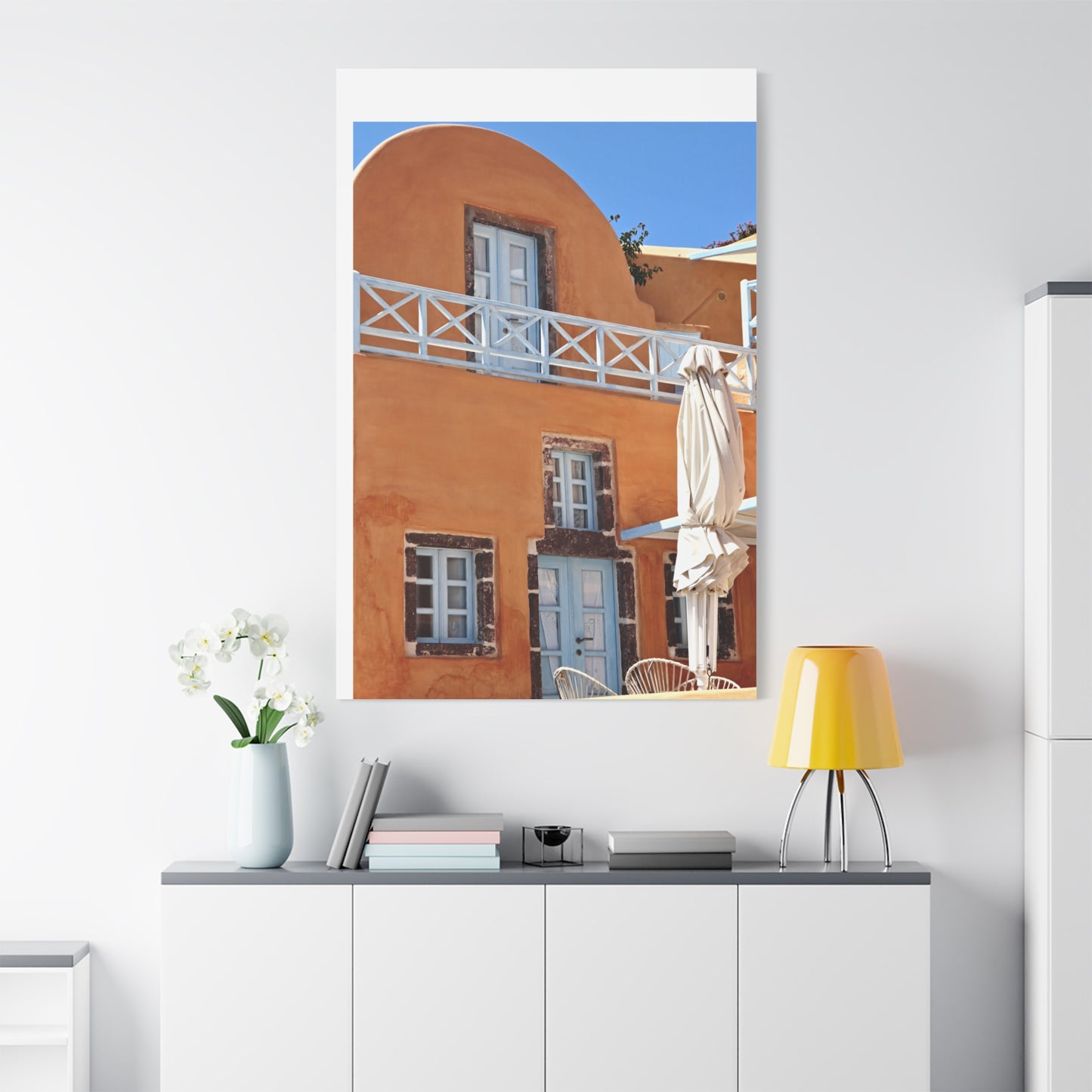 Oia Santorini Orange Facade Canvas — Mediterranean Terracotta Matte Wall Art