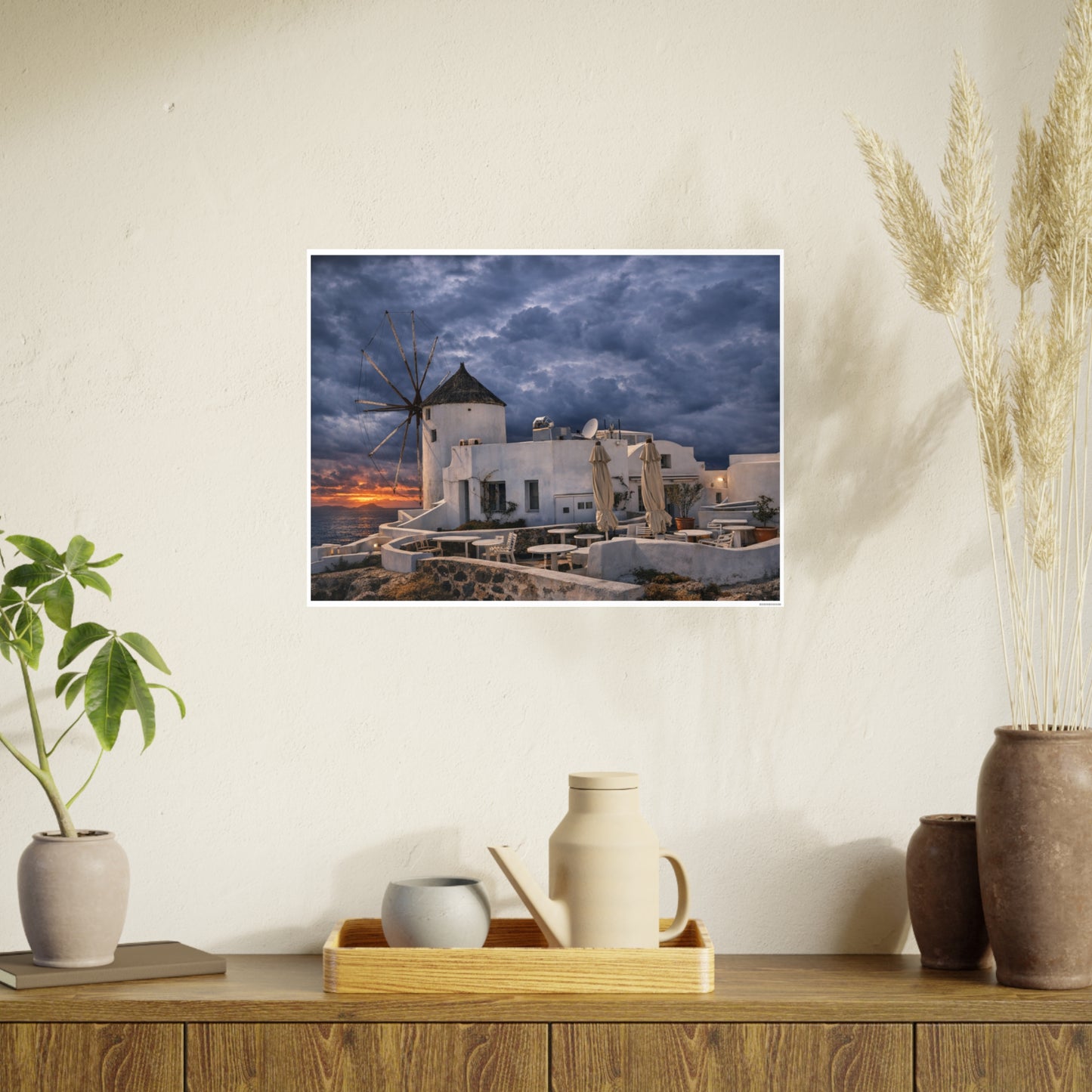 Oia Santorini Windmill Sunset Poster — Mediterranean Landscape Photo Art Print