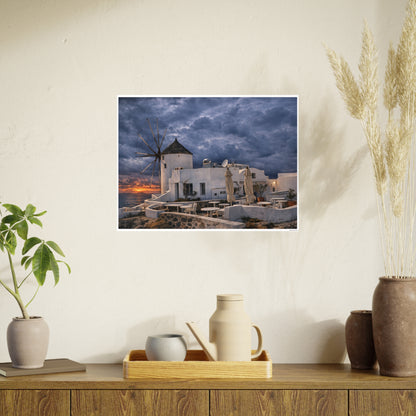 Oia Santorini Windmill Sunset Poster — Mediterranean Landscape Photo Art Print