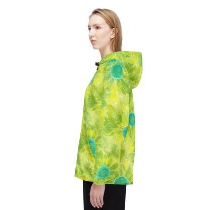 Floral Tie-Dye Windbreaker Jacket — Bright Lime Green Daisy All-Over Print