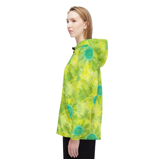 Floral Tie-Dye Windbreaker Jacket — Bright Lime Green Daisy All-Over Print