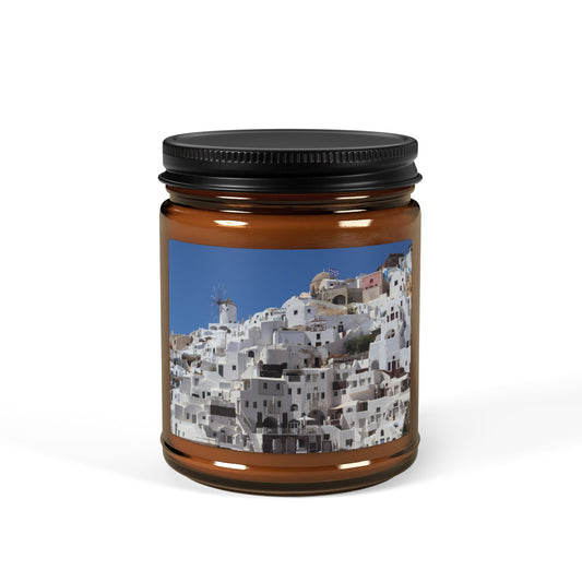 Santorini Village Photo Candle — Soy Wax Amber Jar