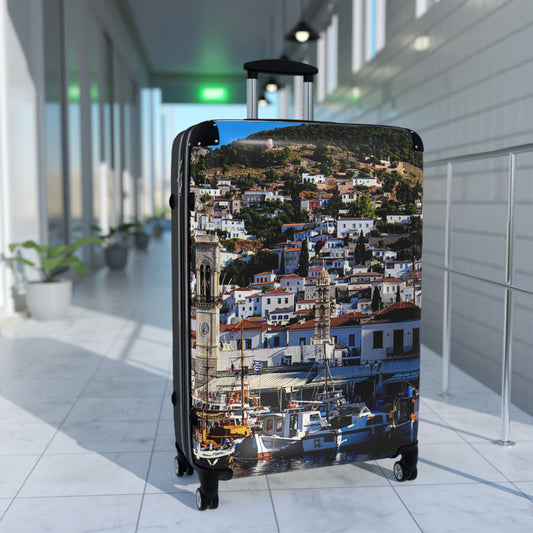 Hydra Island Greece Suitcase — Mediterranean Harbor Travel Luggage