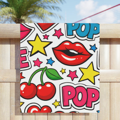 Pop Art Cherry Beach Towel — Fun Lips, Hearts & "POP" Pattern
