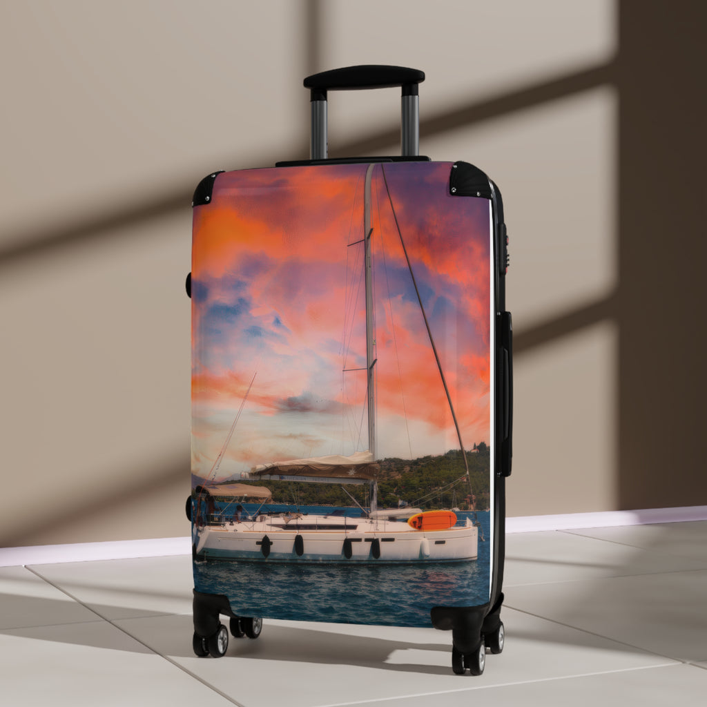 Luxury Yacht Sunset Suitcase, Mediterranean Sailing Travel Luggage, Vibrant Orange Sky Vacation Bag, Nautical Artist Design Cabin Suitcase