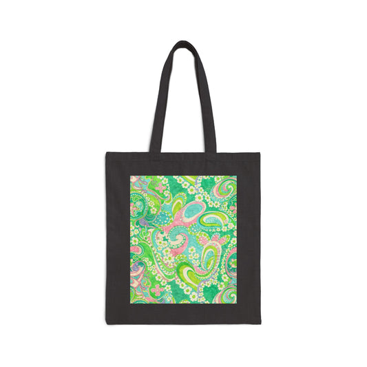 Green Paisley Canvas Tote Bag — Retro Floral Eco Shopping Tote