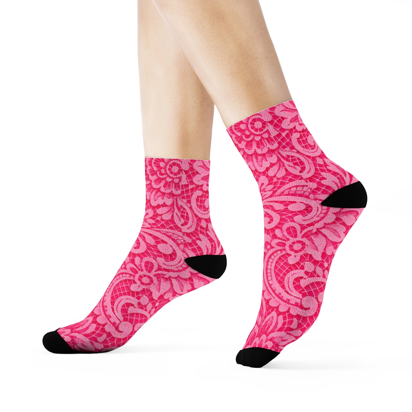 Pink Paisley Crew Socks — Floral Patterned Casual Socks for Women