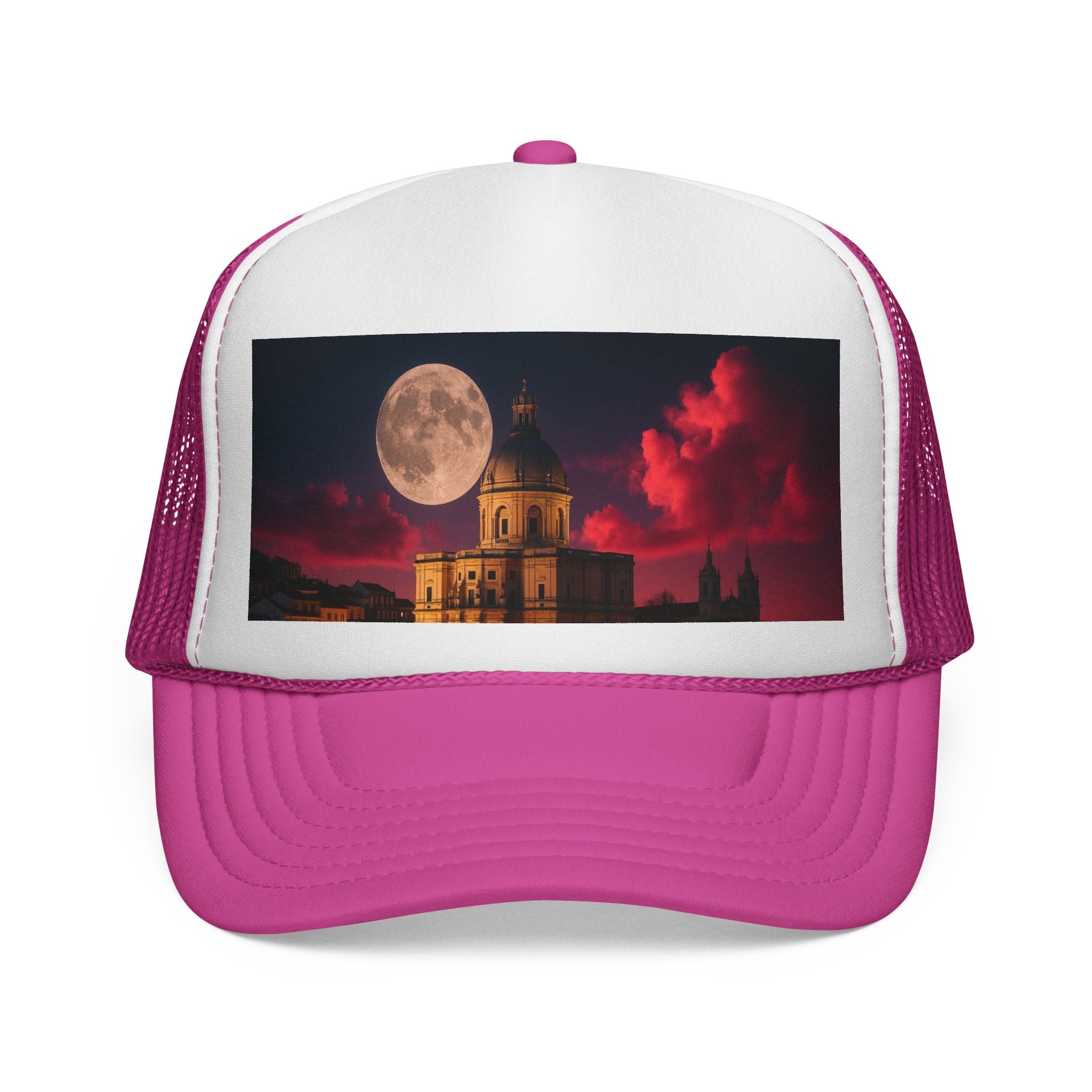 Moonlit Castle Trucker Cap — Gothic Nightscape Hat