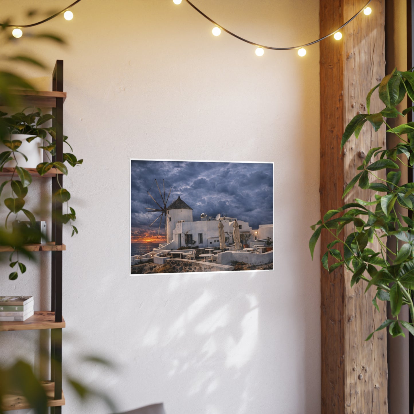 Oia Santorini Windmill Sunset Poster — Mediterranean Landscape Photo Art Print