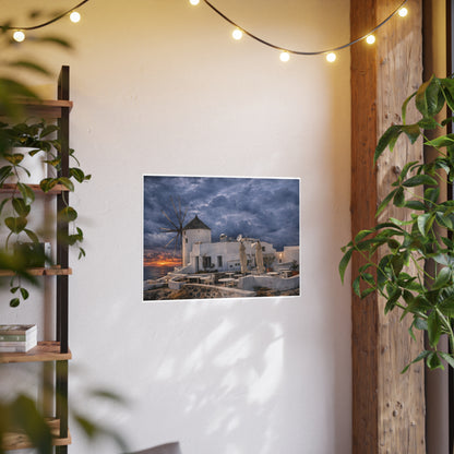 Oia Santorini Windmill Sunset Poster — Mediterranean Landscape Photo Art Print