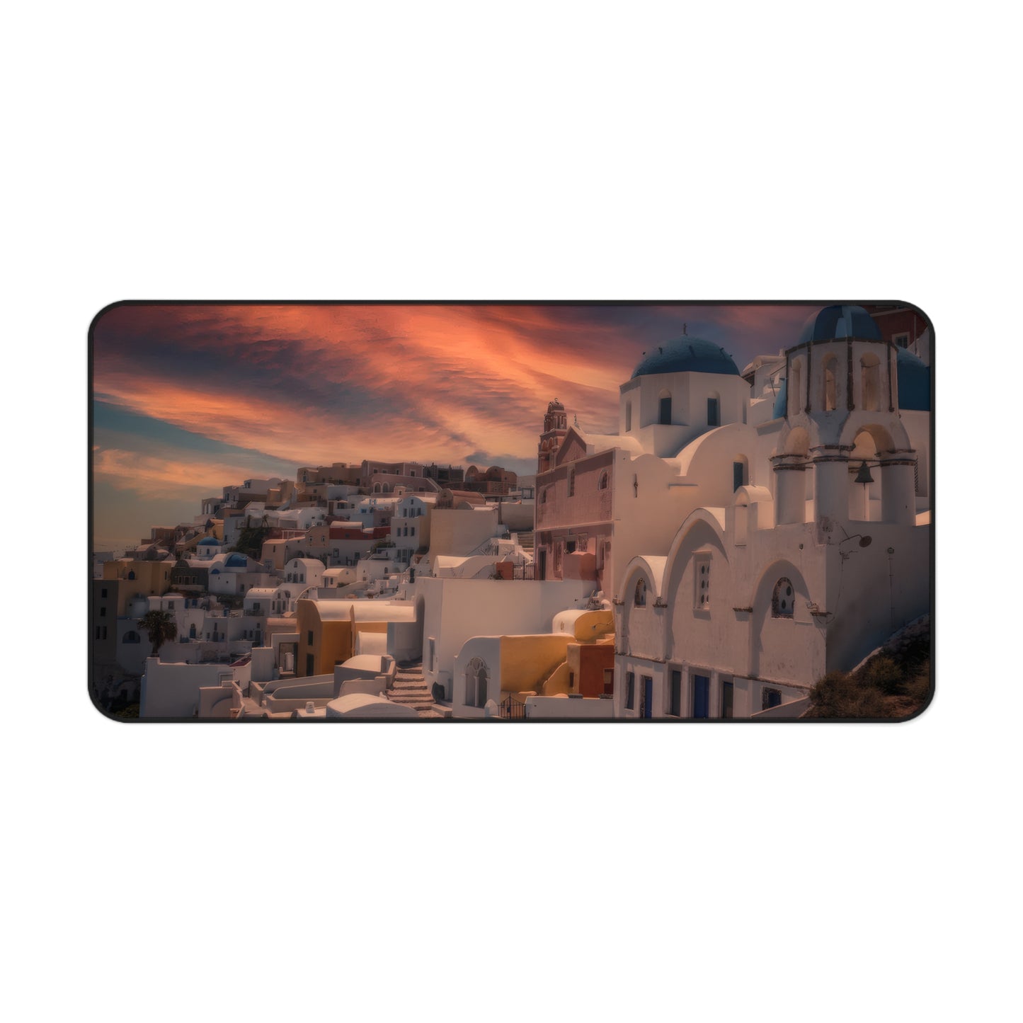 Santorini Sunset Desk Mat, Oia Greece Blue Dome Mouse Pad, Dreamy Mediterranean Sky Decor, Greek Island Office Gift, Large Aesthetic Deskpad